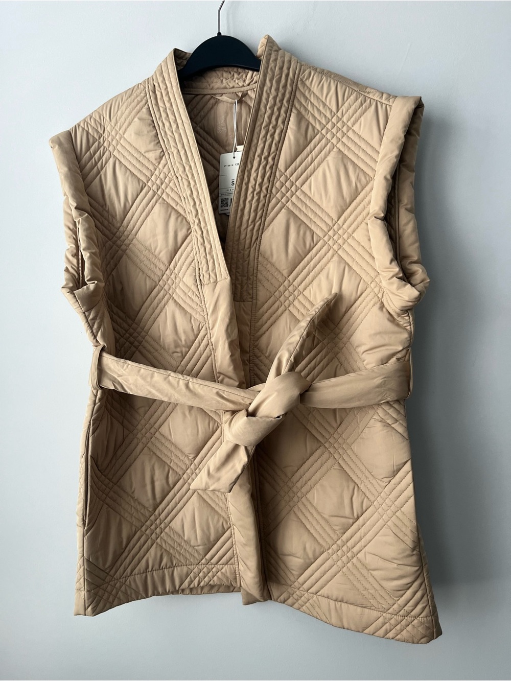 Quilted Sleeveless Belted Vest in Tan